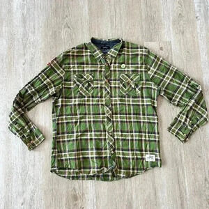 Mens Akoo Green Plaid Button Up with Patches - XL
